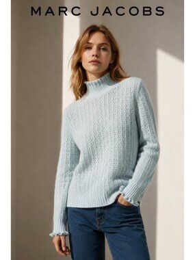Marc Jacobs 100% Cashmere Pale Green Ruffle Turtleneck Sweater Women's XS Soft
